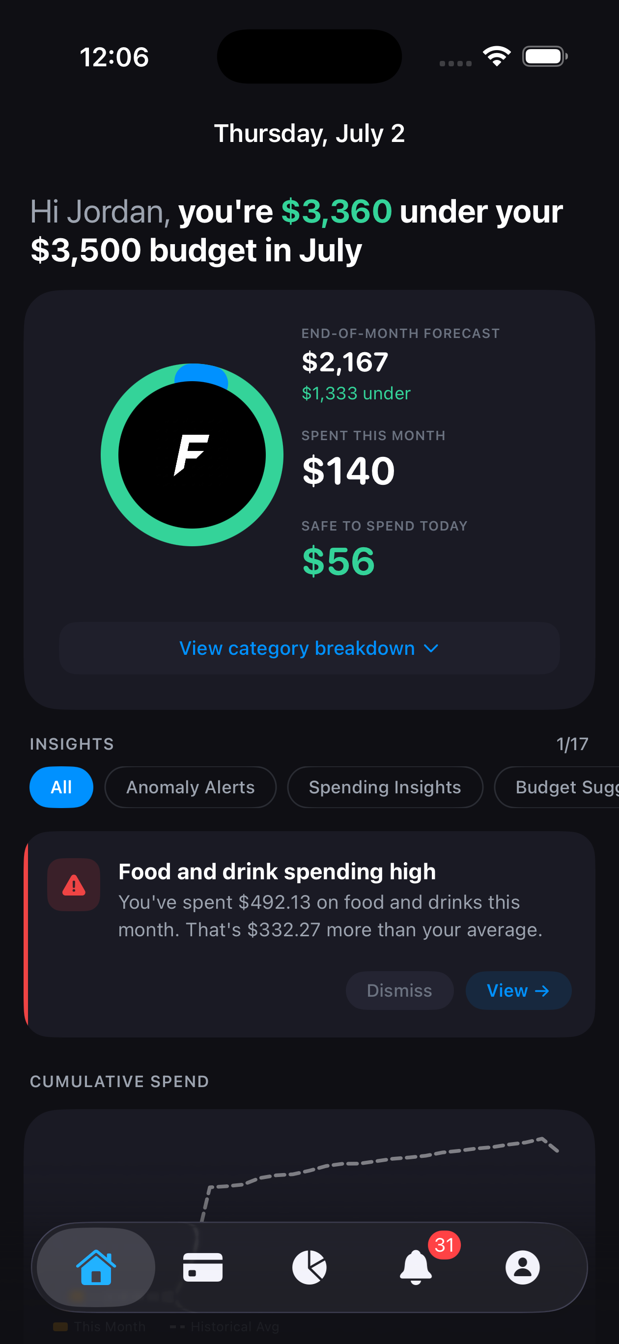 Finesse home screen showing safe-to-spend and monthly finances